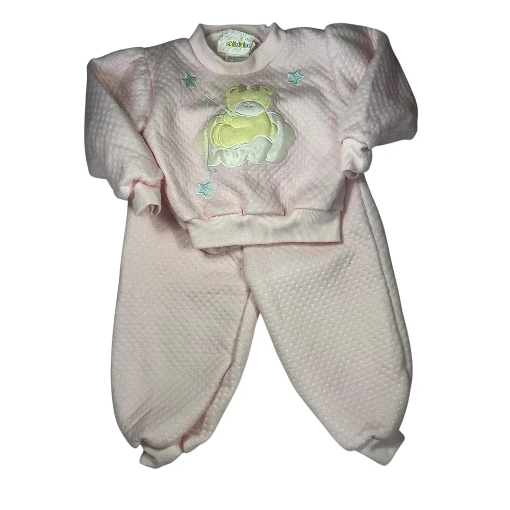 Vintage Childwise Pink Quilted Teddy Bear‎ Sweatshirt and Pants Set 24 Months
